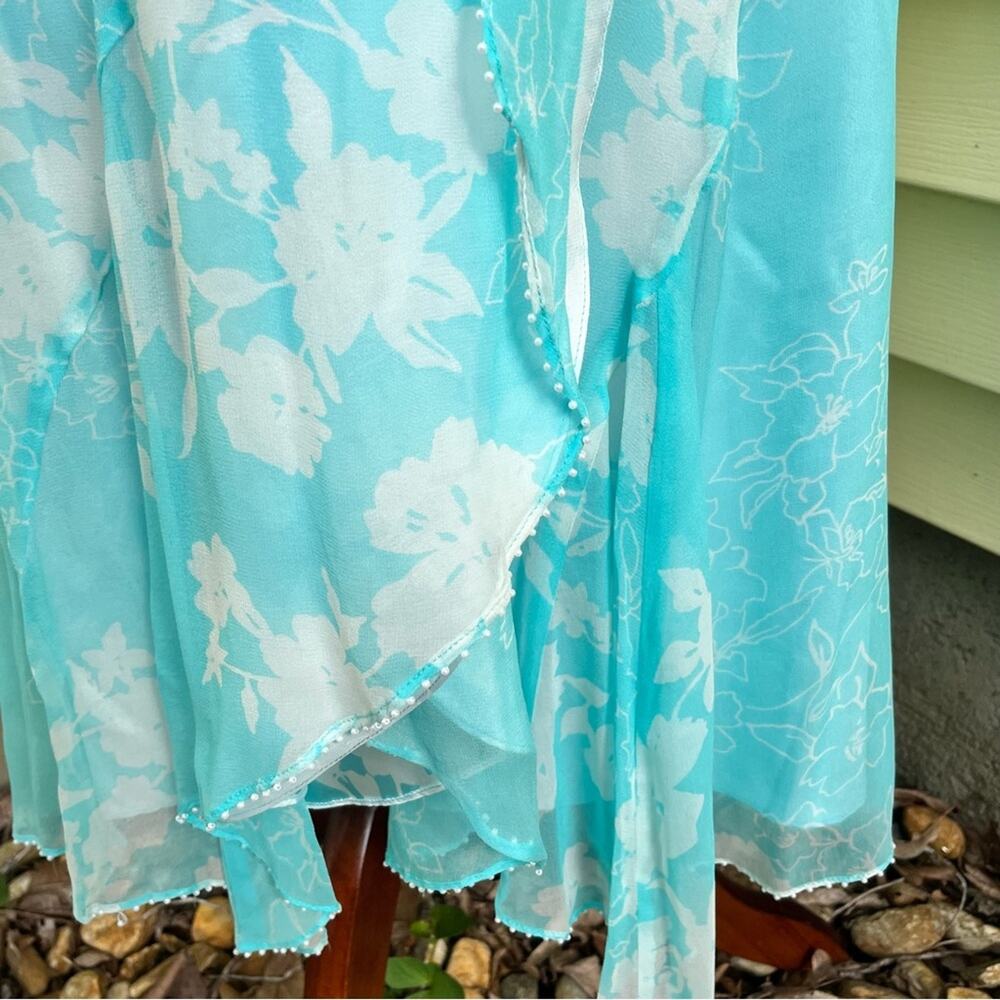 ICE Blue Silk Floral Wrap Dress Pearls Romantic Vintage Y2K Tie Women's Small - Picture 2 of 10